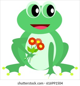 Smile  Frog with red flowers Vector Illustration 