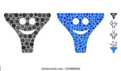 Smile funnel mosaic of round dots in various sizes and color hues, based on smile funnel icon. Vector round elements are organized into blue mosaic.