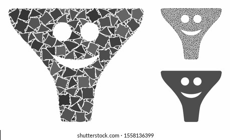 Smile funnel mosaic of trembly elements in various sizes and color tinges, based on smile funnel icon. Vector irregular elements are united into mosaic. Smile funnel icons collage with dotted pattern.