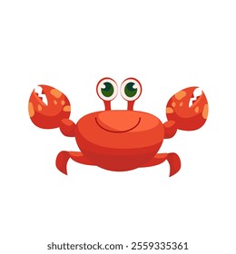Smile funny crab cartoon character isolated on white background. Fanny Crab Poster. Vector Illustration. Kids cartoon illustration for baby clothes, greeting card, wrapper, beach party. 