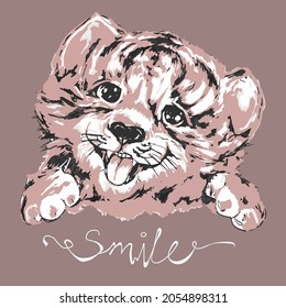 Smile funny tiger head for kids. Drawn black, grey, pink cute baby tiger face, portrait. Little baby animal vector sketch, print illustration