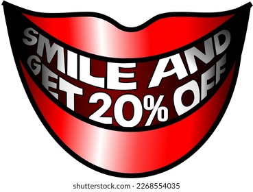 Sonríe y obtén un 20% de descuento, ilustración del vector de boca roja, alegre, feliz, alegre. Para compra y venta, banner ilustrativo, ilustración con fondo azul, promoción y vector de oferta. ¡Dios es bueno!