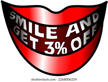 Smile and get 3% off, red mouth vector illustration, cheerful, happy, glad. For buy and sale, illustrative banner, illustration with blue background, promotion and offer vector. God is good!