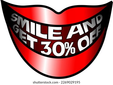 Smile and get 30% off, red mouth vector illustration, cheerful, happy, glad. For buy and sale, illustrative banner, illustration with blue background, promotion and offer vector. God is good!