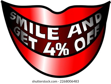 Smile and get 4% off, red mouth vector illustration, cheerful, happy, glad. For buy and sale, illustrative banner, illustration with blue background, promotion and offer vector. God is good!