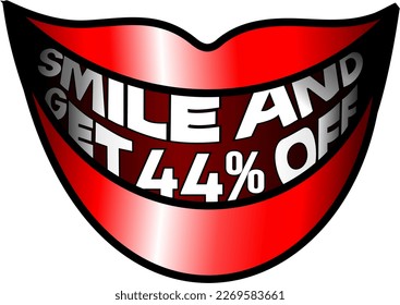 Sonríe y obtén 44% de descuento, ilustración del vector de boca roja, alegre, feliz, alegre. Para compra y venta, banner ilustrativo, ilustración con fondo azul, promoción y vector de oferta. ¡Dios es bueno!