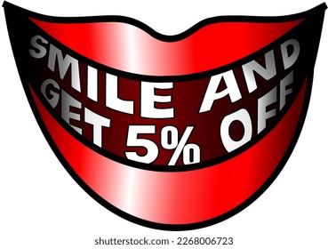 Smile and get 5% off, red mouth vector illustration, cheerful, happy, glad. For buy and sale, illustrative banner, illustration with blue background, promotion and offer vector. God is good!
