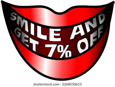 Sonríe y obtén 7% de descuento, la boca roja ilustra el vector, alegre, feliz, alegre. Para compra y venta, banner ilustrativo, ilustración con fondo azul, promoción y vector de oferta. ¡Dios es bueno!