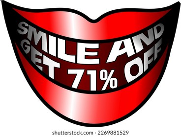 Smile and get 71% off, red mouth vector illustration, cheerful, happy, happy. For buy and sale, illustrative banner, illustration with blue background, promotion and offer vector. God is good!