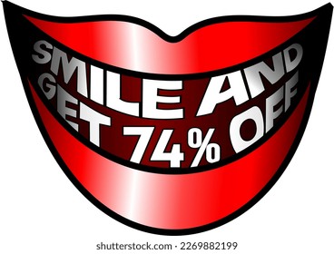 Smile and get 74% off, red mouth vector illustration, cheerful, happy, happy. For buy and sale, illustrative banner, illustration with blue background, promotion and offer vector. God is good!