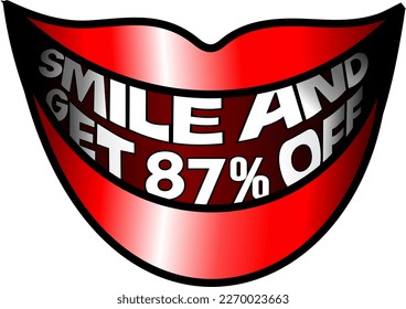 Sonríe y obtén el 87% de descuento, ilustración del vector de boca roja, alegre, feliz, feliz. Para compra y venta, banner ilustrativo, ilustración con fondo azul, promoción y vector de oferta. ¡Dios es bueno!