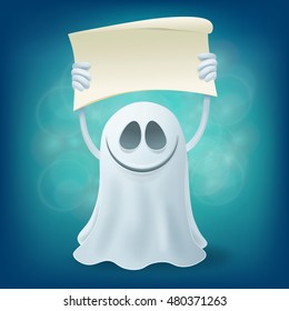 smile ghost with banner. Halloween party design element vector illustration