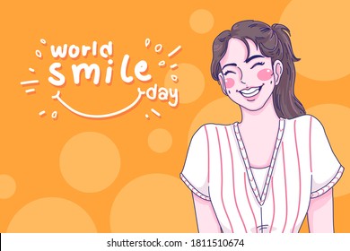 Smile girl cartoon character illustration. World smile day background.