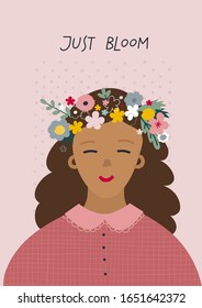 Smile girl character flower wreath crown Just bloom lettering illustration. Spring summer season sunny happy day inspiration typography postcard Hand drawn picture vector.