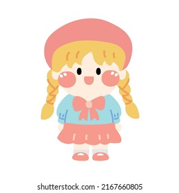 Smile girl in cute dress hand drawn.Kid graphic design.Image for card,poster,school book.Isolated.Kawaii.Vector.Illustration.