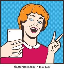 smile girl doing selfie pop art vector comics 