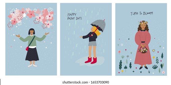 Smile girl flower wreath umbrella illustration postcard bundle set. Spring time lettering summer season sunny or rainy day inspiration graphic design typography. Hand drawn picture. Simple vector.