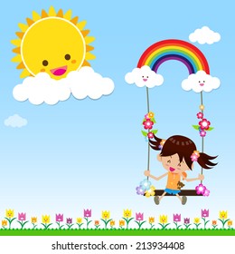 Smile girl playing the swing under a sun and rainbow with white cloud, blue sky, vector EPS10