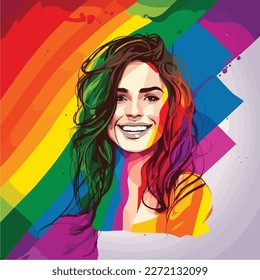 Smile girl, woman, non-binary personality on LGBTQ+ flag background, celebrate Prade