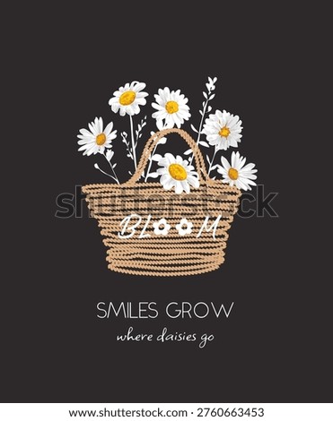 smile glow slogan with dailsy flower in rope basket vector illustration on black background
