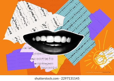 Sonrisa, buen humor, collage de media tonalidad. Emoción positiva, pancarta vectorial. Collage de arte contemporáneo, sonrisa feliz en labios femeninos, publicidad de buen humor de verano. Recortes de revistas, periódicos.