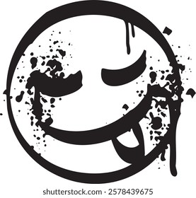 Smile graffiti spray. Airbrush sketch sticker. Black ink drop face. Grunge urban character