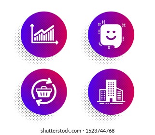 Smile, Graph and Refresh cart icons simple set. Halftone dots button. Buildings sign. Positive feedback, Presentation diagram, Online shopping. City architecture. Business set. Vector