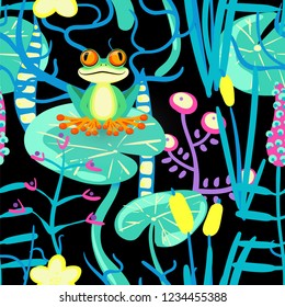 Smile green frog. Seamless pattern of swamp flowers, water lily and leaves. Floral composition. Hand drawn vector illustration.