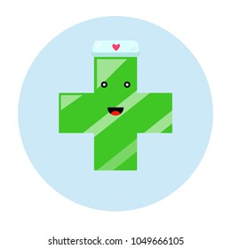 Smile green pharmacy logo. 
Modern style vector illustration icons. 
Isolated on white background. Cute pharmacy cross on blue circle icon. Pharmacy cross with medical cap and red heart.