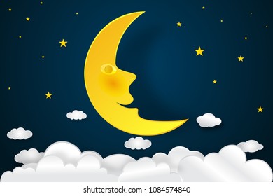 Smile half moon, clouds and stars in the night as paper art and craft style concept. vector illustrator.