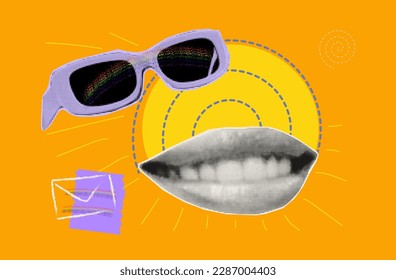 Smile halftone art collage.  Good mood, female lips, positive emotion, bright sunny day, banner, vector background. Modern collage with a happy smile, poster, advertisement of a good, summer mood.