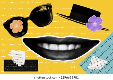 Smile, halftone collage. Good summer mood, contemporary art. Mouth, female lips, positive emotion, bright sunny day, banner, vector background. Modern collage with a happy smile, poster, advertisement