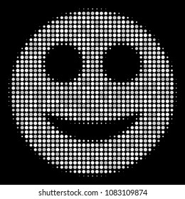 Smile halftone vector icon. Illustration style is pixelated iconic smile symbol on a black background. Halftone pattern is constructed of round dots.