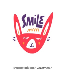Smile hand drawn colorful cartoon style lettering phrase. Modern typography text and cute cate character vector illustration. Isolated on white background.