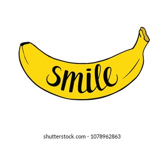 Smile Hand drawn lettering word in yellow Banana isolated on white background. Modern brush calligraphy. Vector illustration. Positive card for blog, t-shirt print, posters and postcards.