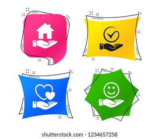 Smile and hand icon. Heart and Tick or Check symbol. Palm holds house building sign. Geometric colorful tags. Banners with flat icons. Trendy design. Vector
