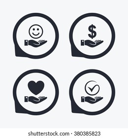 Smile and hand icon. Heart and Tick or Check symbol. Palm holds Dollar currency sign. Flat icon pointers.