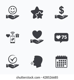 Smile and hand icon. Heart and Tick or Check symbol. Palm holds Dollar currency sign. Flat talking head, calendar icons. Stars, like counter icons. Vector