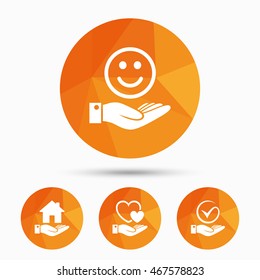 Smile and hand icon. Heart and Tick or Check symbol. Palm holds house building sign. Triangular low poly buttons with shadow. Vector