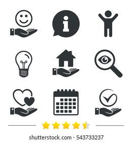 Smile and hand icon. Heart and Tick or Check symbol. Palm holds house building sign. Information, light bulb and calendar icons. Investigate magnifier. Vector
