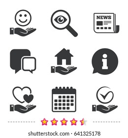 Smile and hand icon. Heart and Tick or Check symbol. Palm holds house building sign. Newspaper, information and calendar icons. Investigate magnifier, chat symbol. Vector
