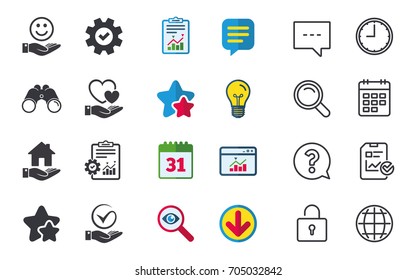 Smile and hand icon. Heart and Tick or Check symbol. Palm holds house building sign. Chat, Report and Calendar signs. Stars, Statistics and Download icons. Question, Clock and Globe. Vector