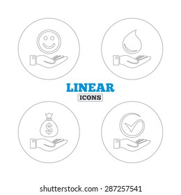 Smile and hand icon. Water drop and Tick or Check symbol. Palm holds Dollar money bag. Linear outline web icons. Vector