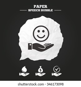 Smile and hand icon. Water drop and Tick or Check symbol. Palm holds Dollar money bag. Paper speech bubble with icon.