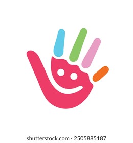 Logo de sueño de alcance del niño de la mano de la sonrisa, logotipo sonriente de la mano del niño con el colorido decorado