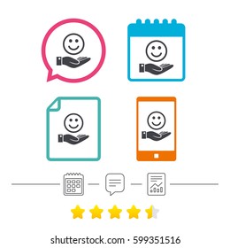 Smile and hand sign icon. Palm holds happy face symbol. Calendar, chat speech bubble and report linear icons. Star vote ranking. Vector
