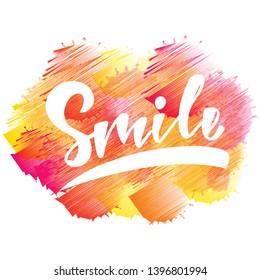 Smile - handlettering text. Design print for postcard, label, logo, sign, emblem, sticker, poster, badge, clother. Vector illustration on background