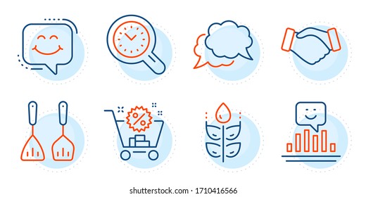 Smile, Handshake and Gluten free signs. Smile chat, Time management and Chat message line icons set. Shopping cart, Cooking cutlery symbols. Happy face, Time analysis. Business set. Vector