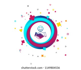 Smile handshake sign icon. Successful business with happy face symbol. Colorful button with icon. Geometric elements. Vector