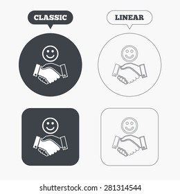 Smile handshake sign icon. Successful business with happy face symbol. Classic and line web buttons. Circles and squares. Vector